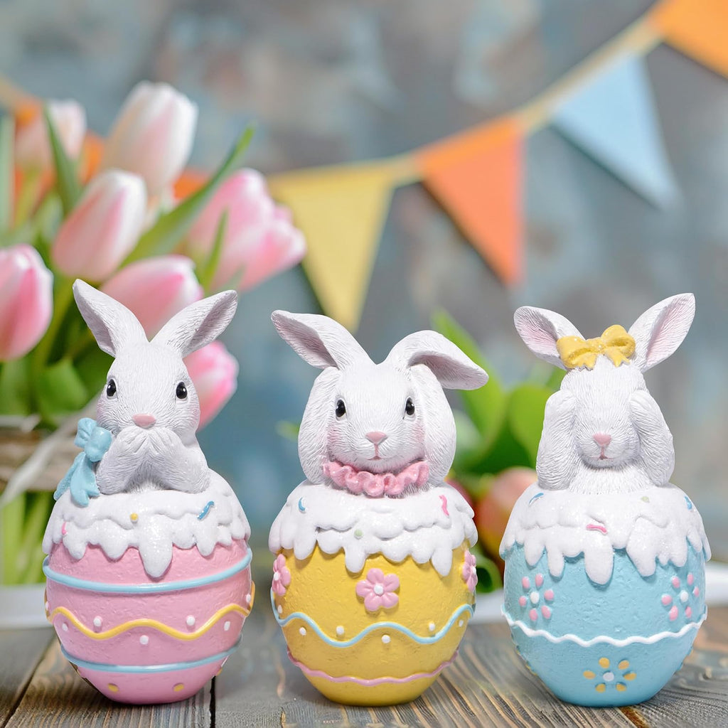 Easter Bunny Figurines - 5.3" Hand-Painted Resin Decorations with Pastel Easter Egg Design - Set of 3