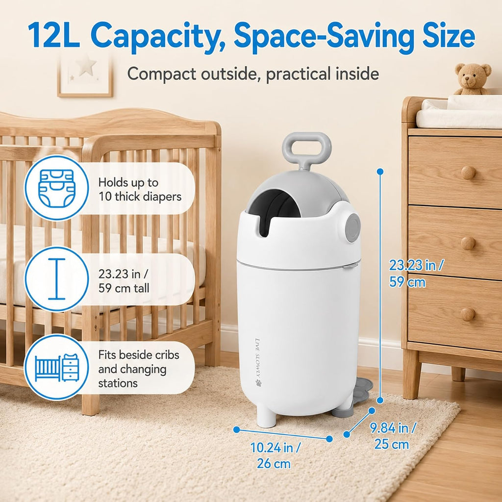 12L Baby Diaper Pail Odor Locking with Airtight Lid & Child Safe Lock,White
