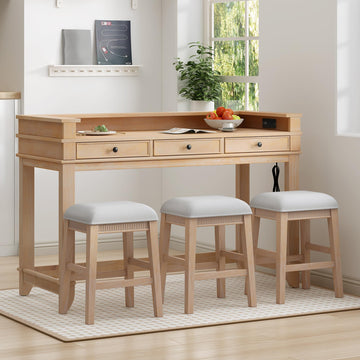 4 Piece Dining Table Set for 3, Counter Height Bar Table with 3 Upholstered Stools, Table & Chair Sets with 3 Storage