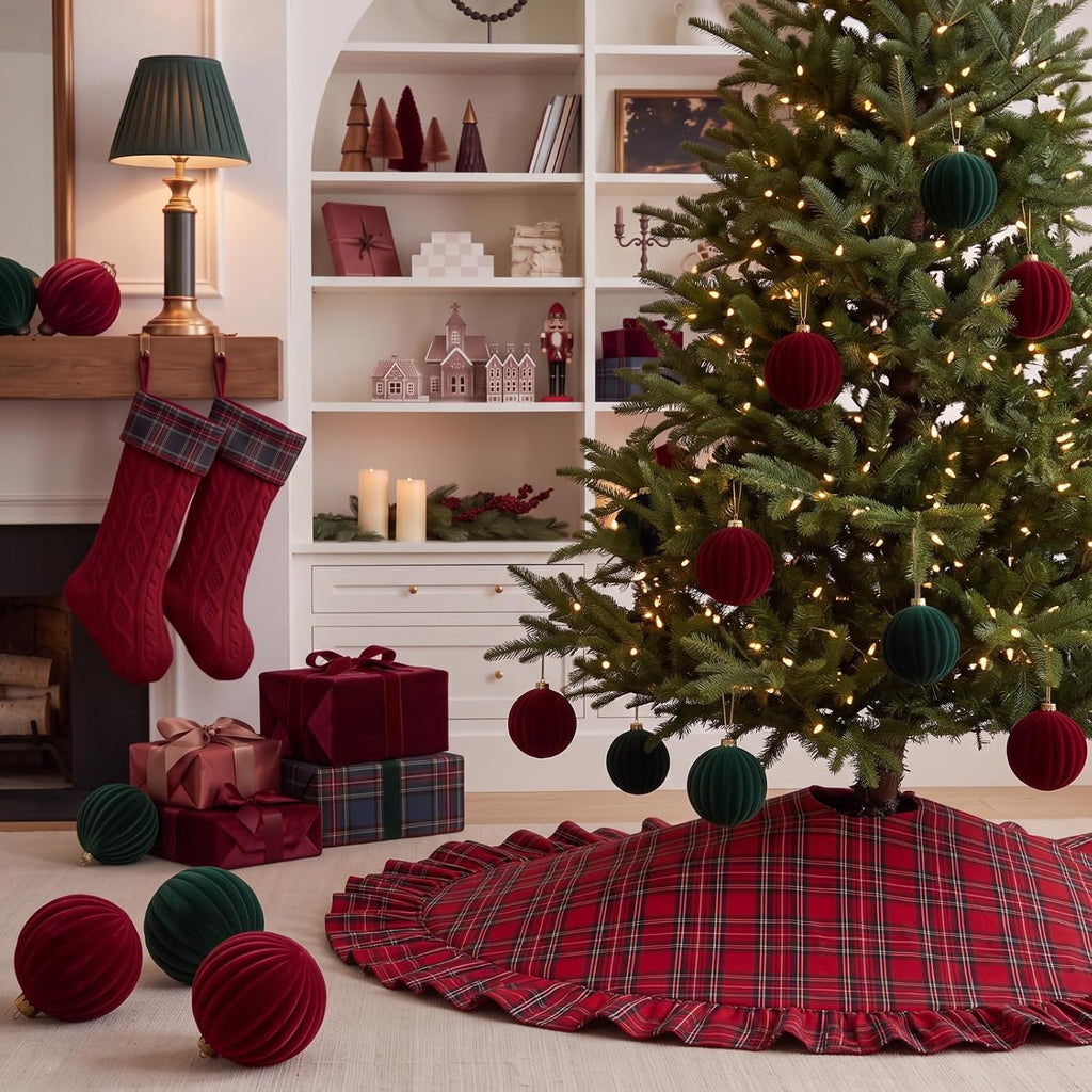 Christmas Tree Skirt with Ruffle Edge Bow, Red Tartan, 48 Inch