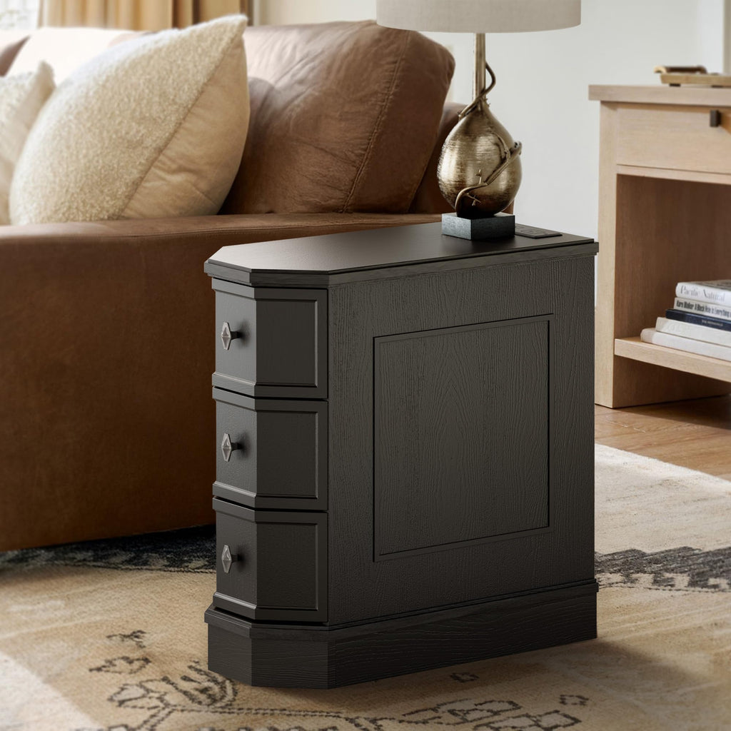 Solid Wood Nightstand with Charging Station, Vintage End Table with 3 Drawer, Victoria Narrow Side Table, Slim