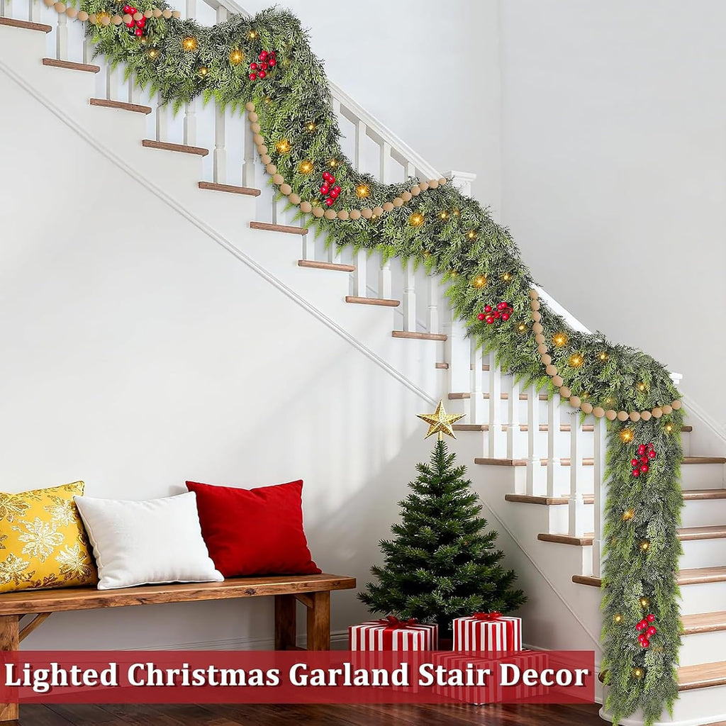 Timer & 50 LED - 9 Ft by 12 Inch Prelit Christmas Garland with Lights