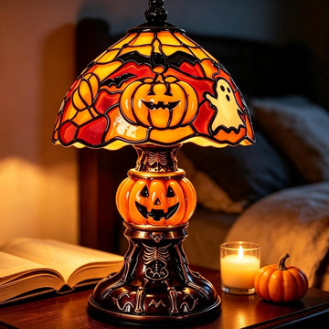 Halloween Handcrafted Ghost Stained Glass Night Light - Gothic Resin Bat & Pumpkin Glow Lamp, Retro Decorative Table