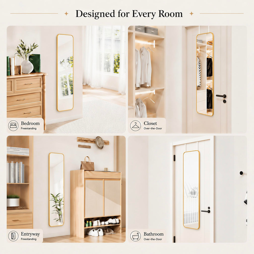 47x14 Full Length Mirror Over the Door Hang or Wall Mounted Gold
