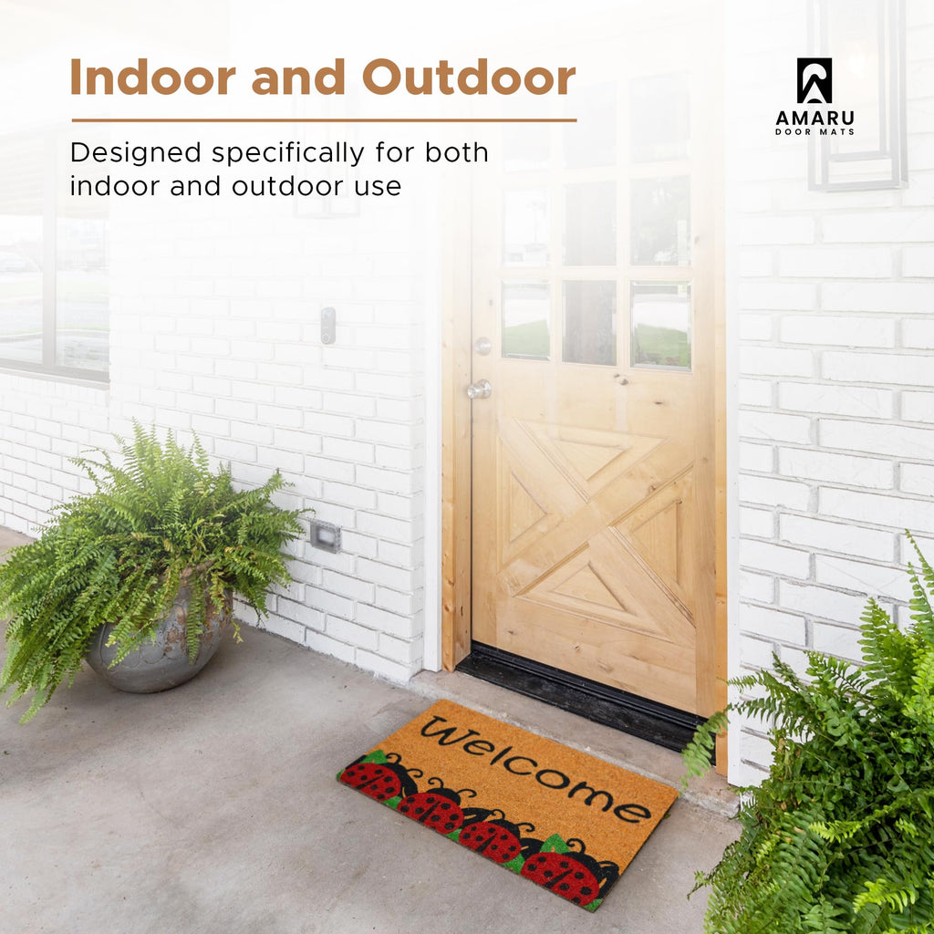 Coir Welcome Mat, Non-Slip, Ladybugs, 17 x 29 in
