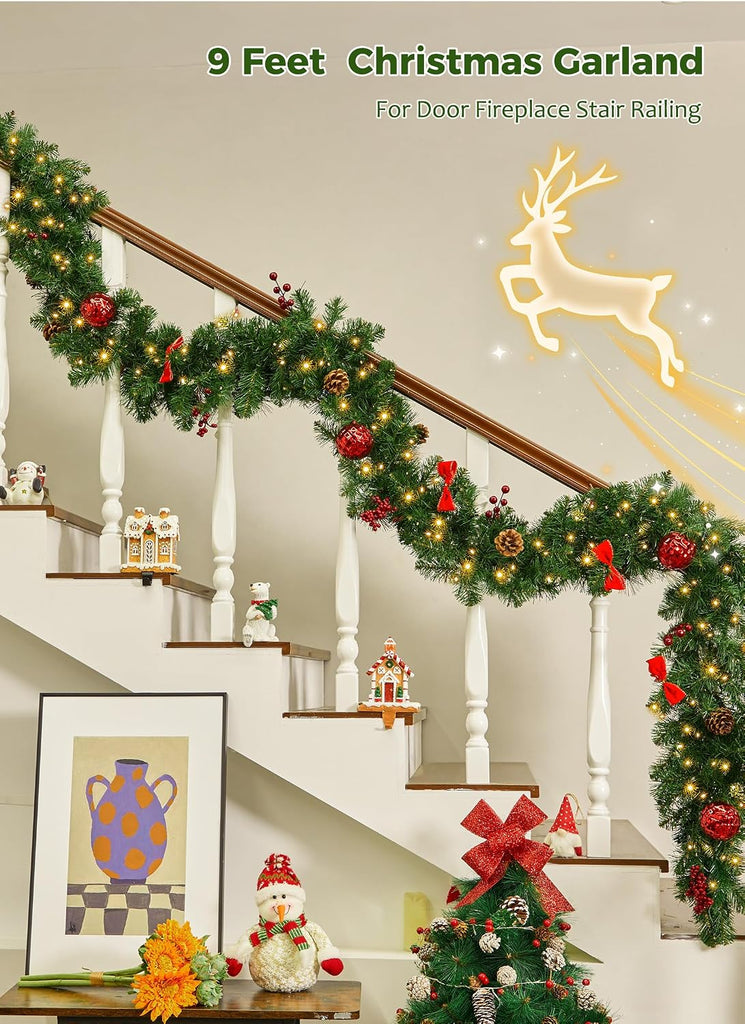 Christmas Garland with Lights, 9Ft Prelit Garland, 8 Light Modes & Timer