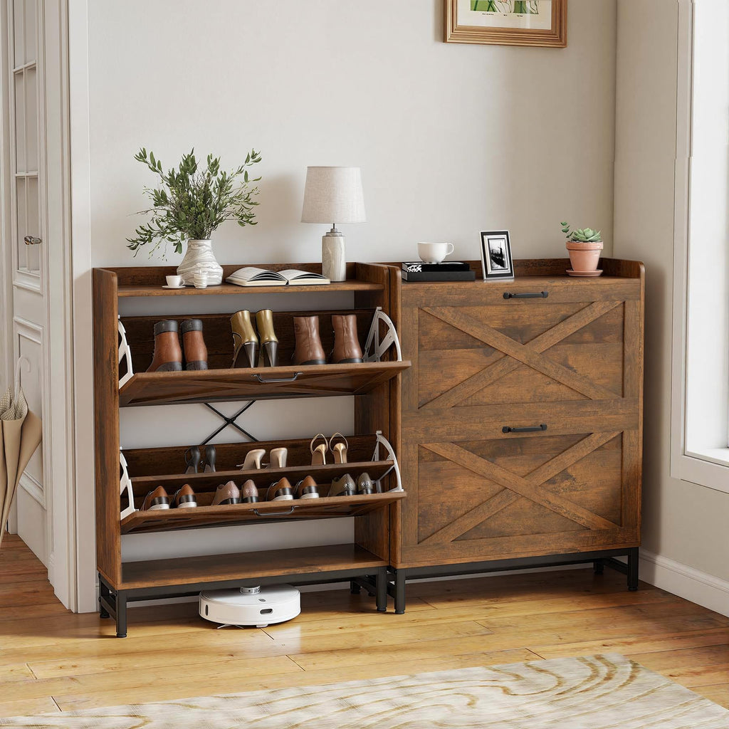 Rustic Farmhouse Shoe Cabinet with 2 Flip Drawers, Narrow Entryway Shoe Storage Organizer for 12-16 Pairs