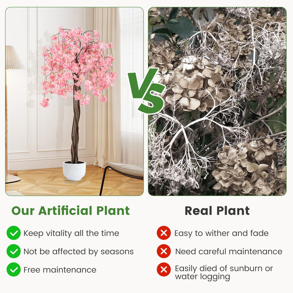 5.5FT Artificial Cherry Blossom Tree, Fake Flower Tree, Faux Floral Plant Blooming Tree Pot with Pink Flowers, Tall