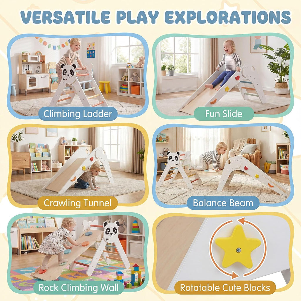 Triangle Set, Panda-Themed Montessori Toddler Climbing Toys Indoor with Ladder, Tunnel, Slide, Ramp, Fun Blocks