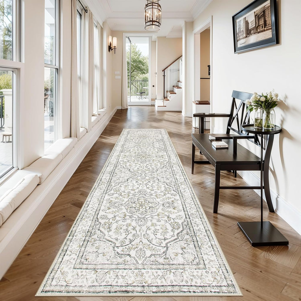 Oriental Runner for Hallways 2.5x10 Washable Beige Kitchen Runners Non Skid Long Entryway Rug Runner