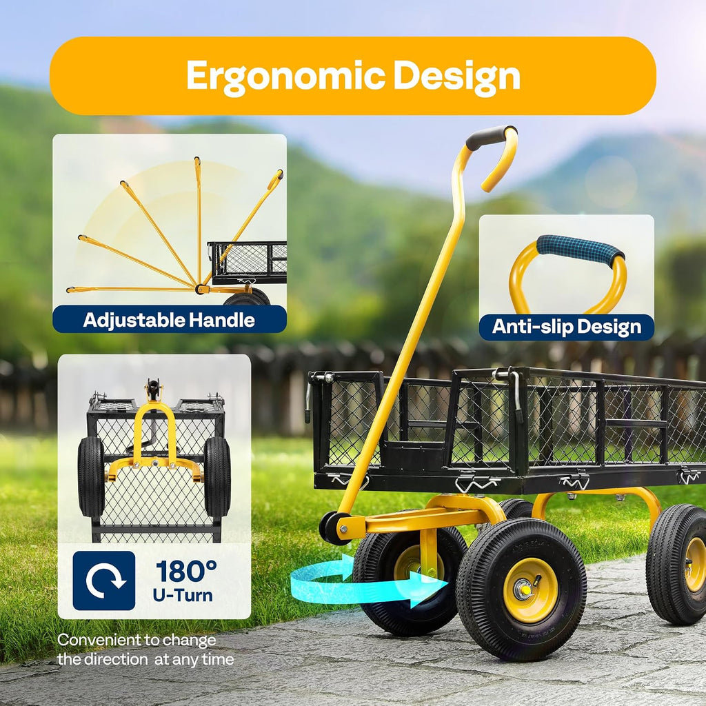 Heavy Duty 880 Lbs 4.5 Cu Ft Mesh Steel Garden Cart Utility Wagon | Removable Sides and 4.10/3.50-4" Wheels 10 inch