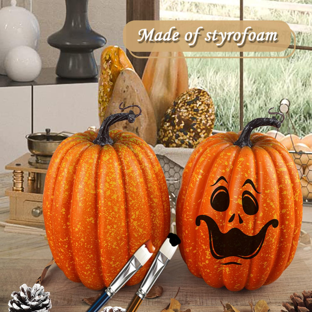 8 Inch Large Artificial Pumpkins, 2PCS Big Orange Drawing Line Faux Foam Harvest Pumpkins for Fall Thanksgiving