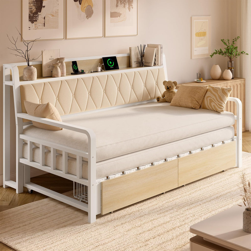 Twin Daybed with Pop up Trundle, Twin to King Daybed, White