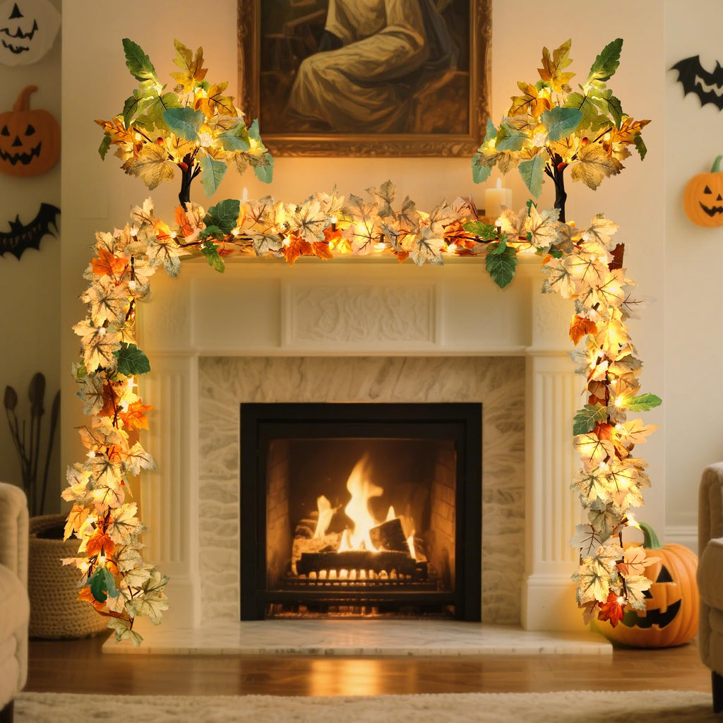 Fall Decorations Lighted Fall Garland, 9FT 50 Count Incandescent Lights Brown Wire UL Certified Connectable Maple