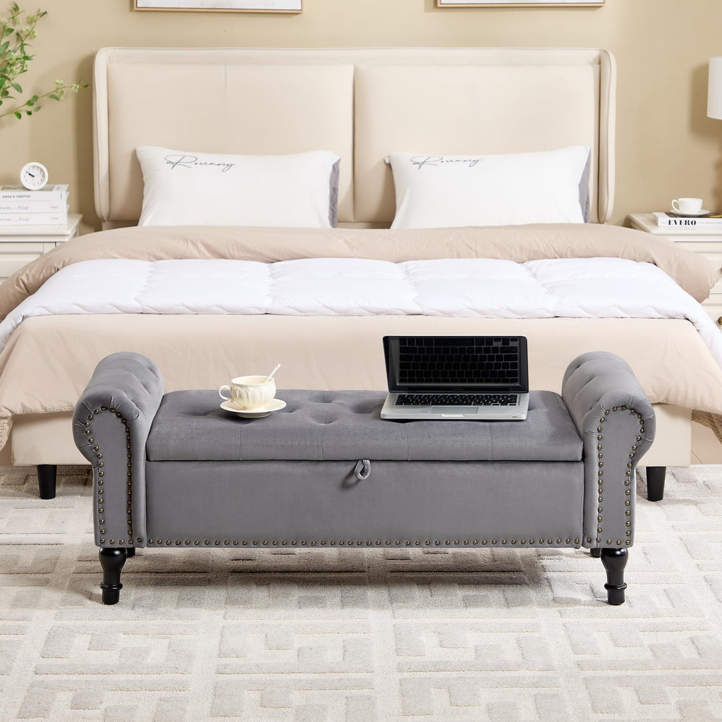 51" Storage Bench, Velvet End of Bed Bench, Queen Size Bench with Rolled Arms, Tufted Storage Ottoman Benches
