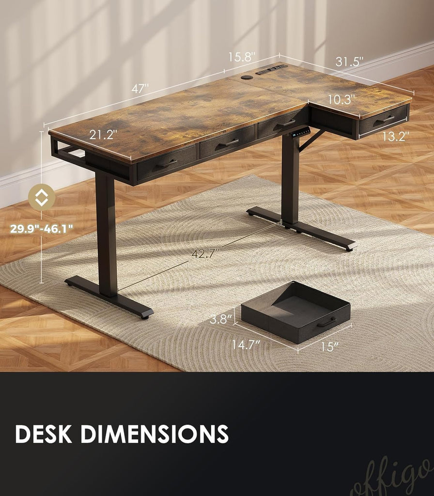 63 Inch L Shaped Electric Standing Desk with 4 Drawers, Rustic Brown | Reversible Corner Table, Office Desk With 4