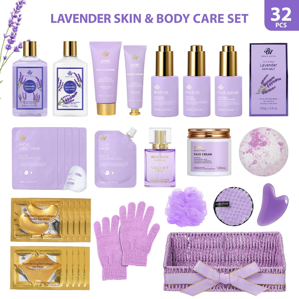 Gifts for Women, 32 Pcs Lavender Spa Gifts Basket, Hydrating Face Skin Care