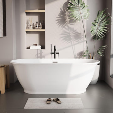 59 inch Acrylic Oval Rim Freestanding Bathtub, Full White, Comfort Soaking Tub for Home Spa & Muscle Recovery, Pop-Up