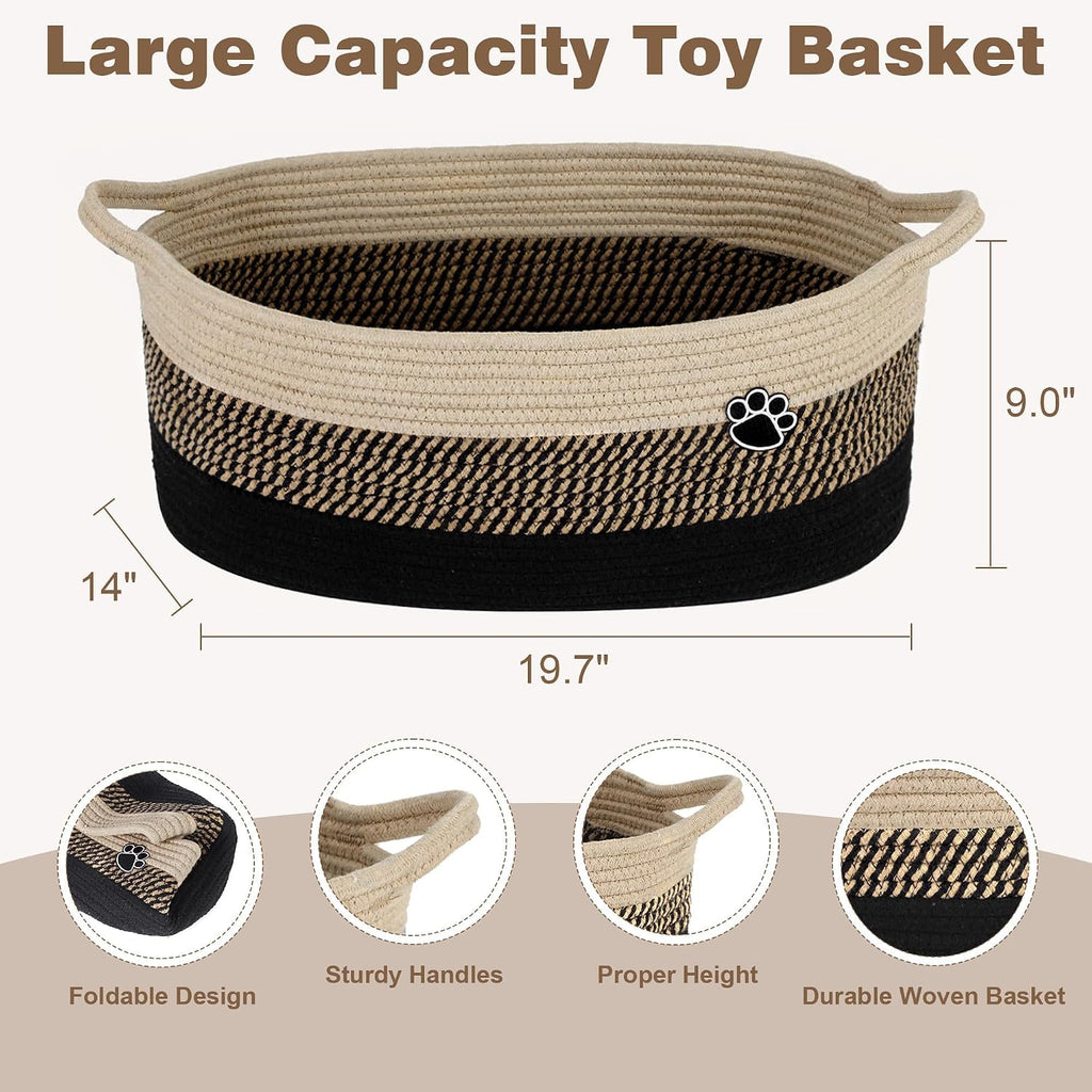40L Extra Larg Dog Toy Basket, Woven Rope Storage Basket, Black-Brown