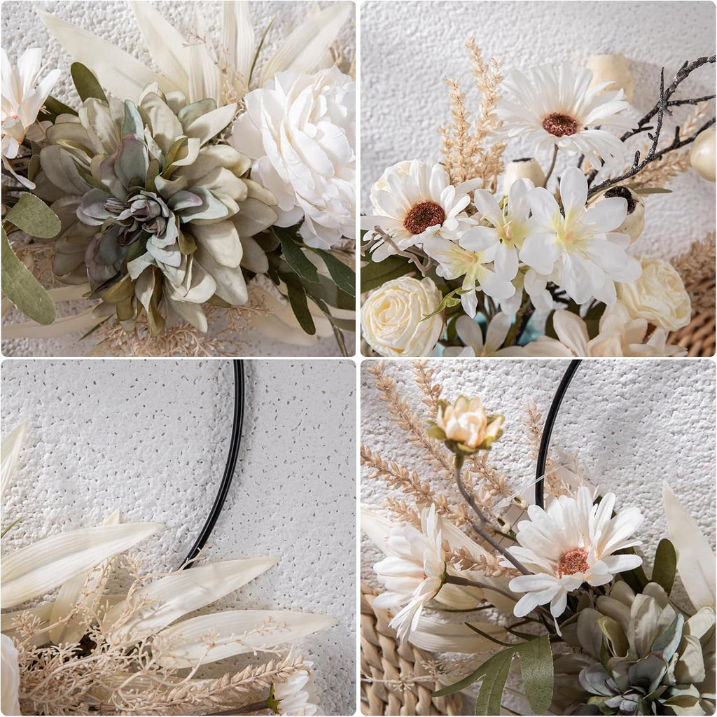 Artificial Floral Wreath for Front Door Floral Hoop Wreath Decor with White Flowers Green Leaves Garland Spring Wall