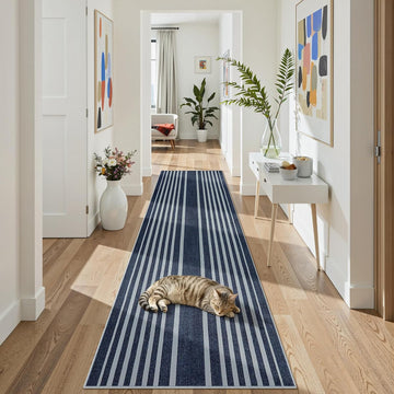 Striped Blue Runners s, 2. Washable Bathroom Runner with Rubber Backed, Non Slip Soft Low Pile Indoor Floor Carpet