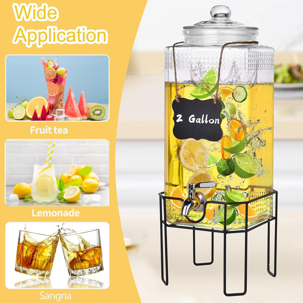 2 Gallon Glass Drink Dispenser, Drink Dispensers for Parties, Beverage Dispenser with Stand and Glass Lid, 100%