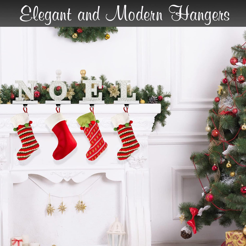 Stocking Holder for Mantle - 4pc N O E L Christmas Stocking Holders Nickel - Stocking Holders with Velvet Bottom