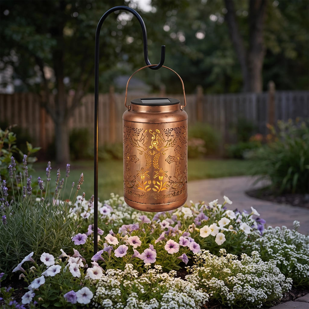 Solar Lantern with Shepherd Hook Hanging Pole, Cross, Religious Decorations | Decorative Outdoor Waterproof Garden