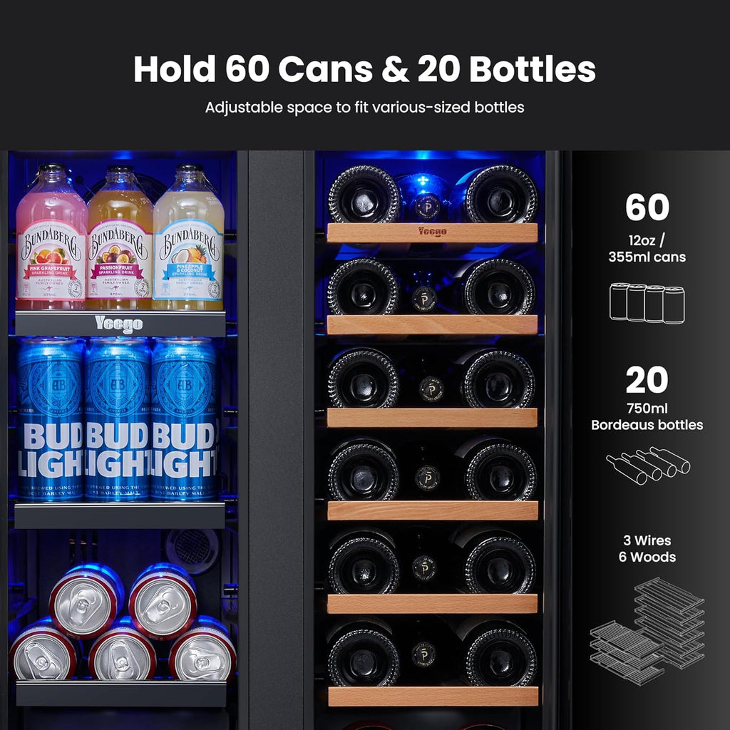 Wine & Beverage Refrigerator, 24 Inch 60 Cans and 20 Bottles Dual Zone Wine Cool