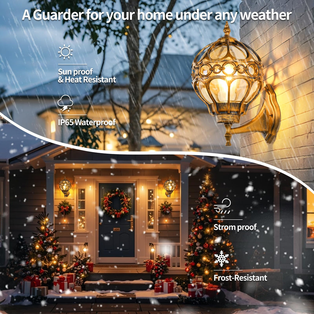 Globe Outdoor Wall Lights with Dusk to Dawn Sensor, Waterproof Gold Sphere Outside Wall Light Fixtures, Anti-Rust