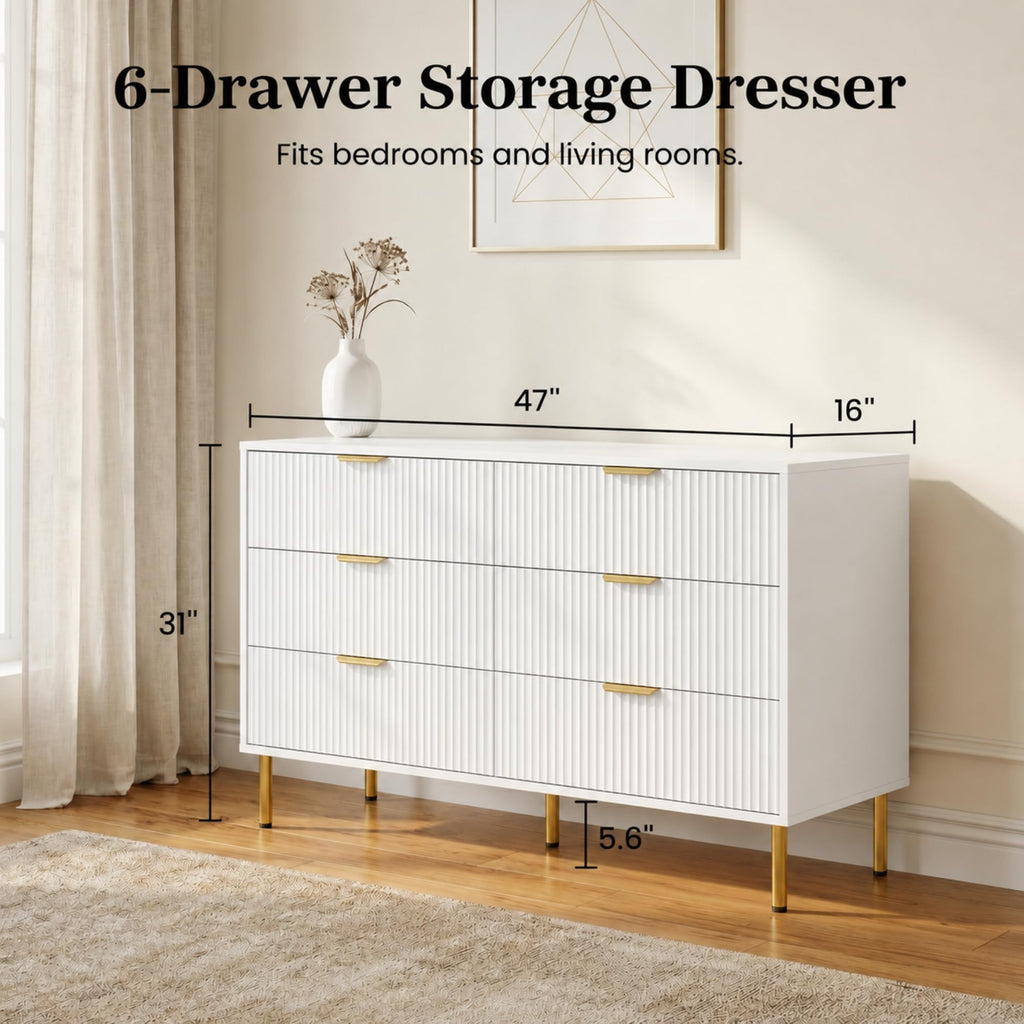 White and Gold 3-Piece Fluted Dresser and Nightstand Set