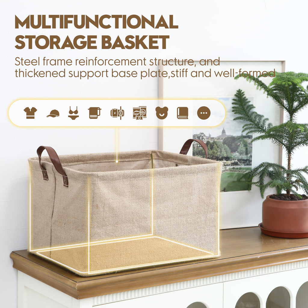 Square Jute Storage Basket with Internal Frame Support - Structured Organizer 42x30x25cm for Shelves, Cabinets, Home