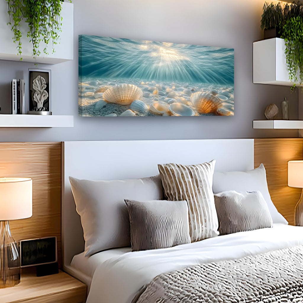 Ocean Underwater Wall Art 20x40 Inch Large Beach Seashell Canvas Wall Decor Teal Blue Coastal Ocean Print with