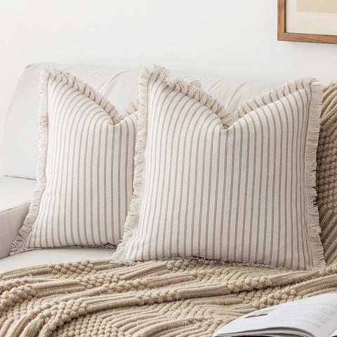 Throw Pillow Covers 18x18 Set of 2 Striped Fringe Pillow Cover Farmhouse Cushion Covers with Tassel Neutral Boho