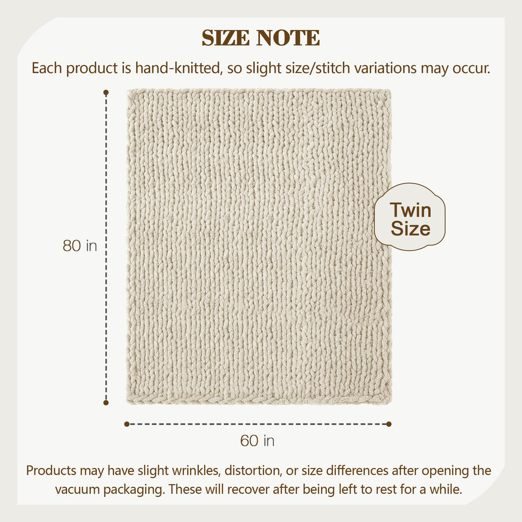 Chunky Knit Throw Blanket 60 x 80, 100% Hand Made, Light Beige