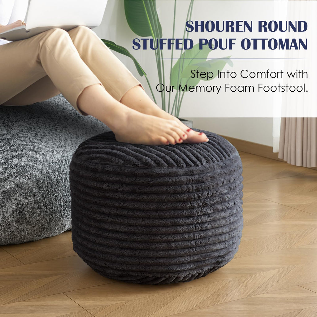 Stuffed Round Ottoman, Pouf Ottoman Foot Rest, 20 X 15, Dark Grey