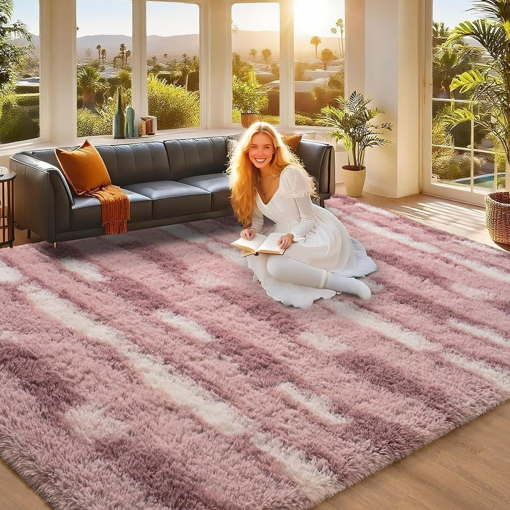 Pink and White Rugs Girls, Fluffy Soft Plush Area Rugs with Non-Slip Backing, Modern Striped Shag Fuzzy Carpets