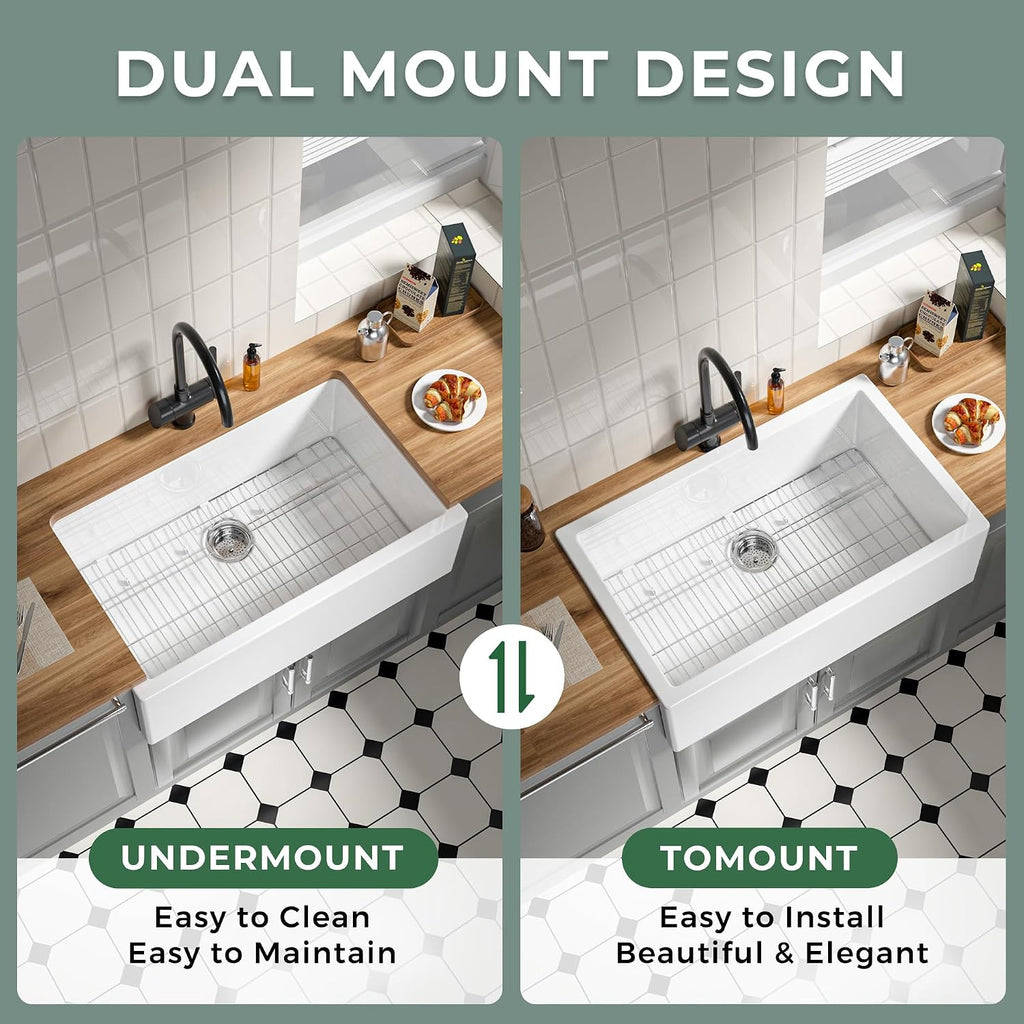 Self Trimming Farmhouse Sink 30 Inch, White Fireclay Kitchen Sink | Tall Apron Front 30"Wx20"Dx10"H , Heavy Duty,Farm