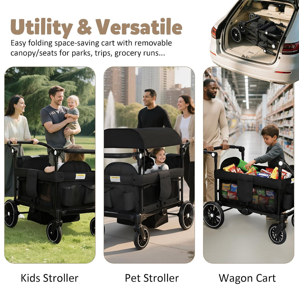 Foldable Wagon Stroller for 2 Kids, Stroller Wagon with Canopy