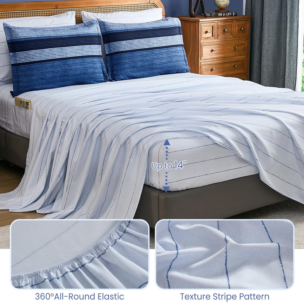 Navy Blue Comforter Set, 7 Pieces Striped Bed in a Bag