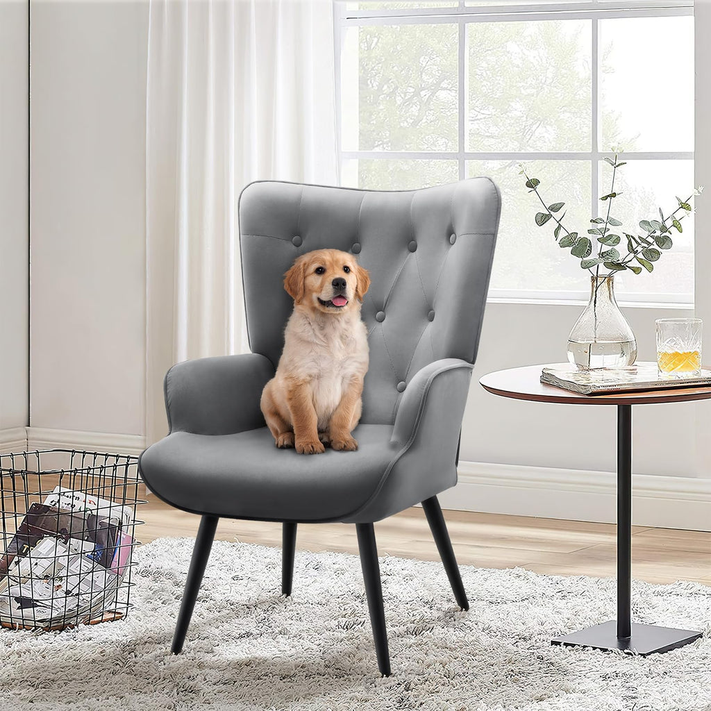 Grey Velvet Accent Chair Mid Century Modern Living Room Chairs; Comfy Armchair Leisure Vanity Guest Wingback Chair