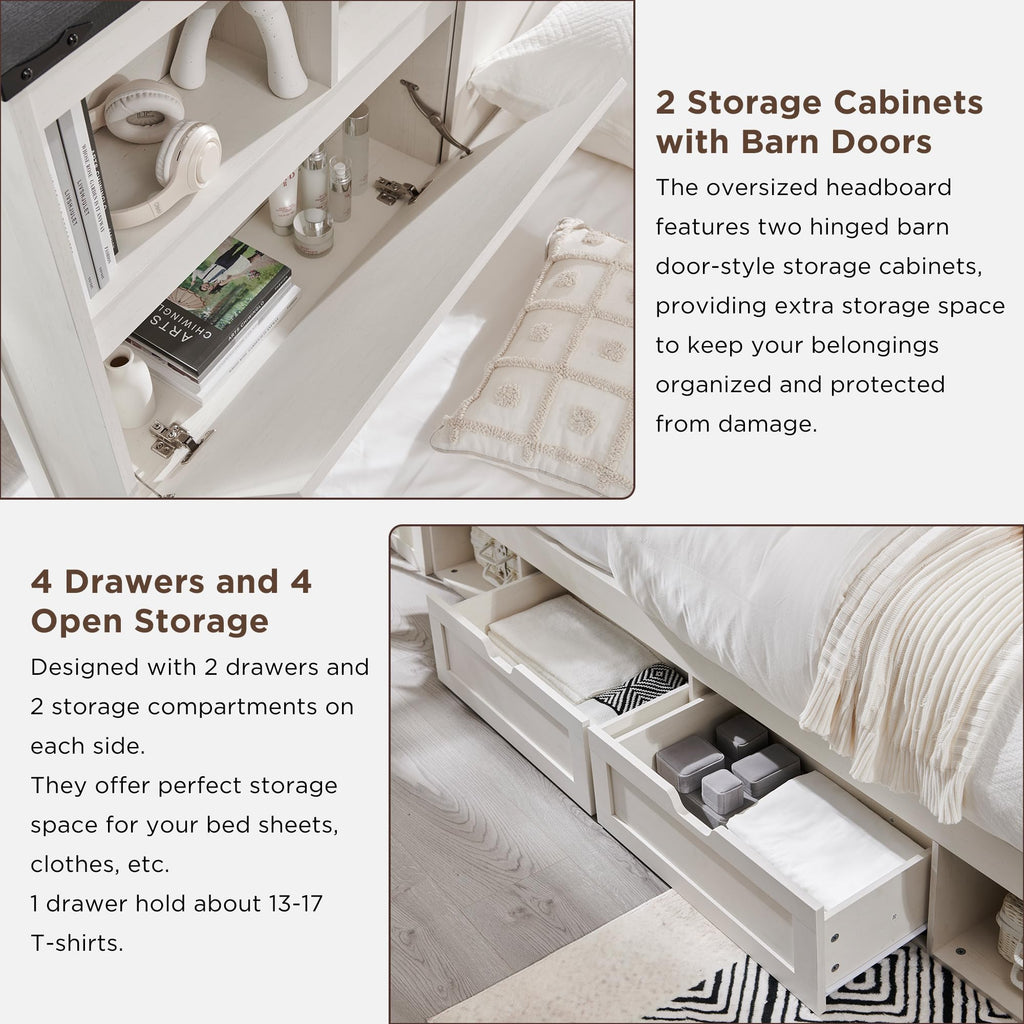 Bed Frame Farmhouse with 52" Storage Bookcase Headboard, 4 Drawers Wooden Bed Frame, LED Light, Charging