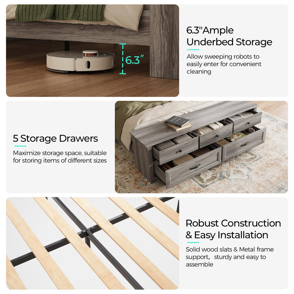 Storage Bed Frame Bedframe with Drawers, Rustic Grey