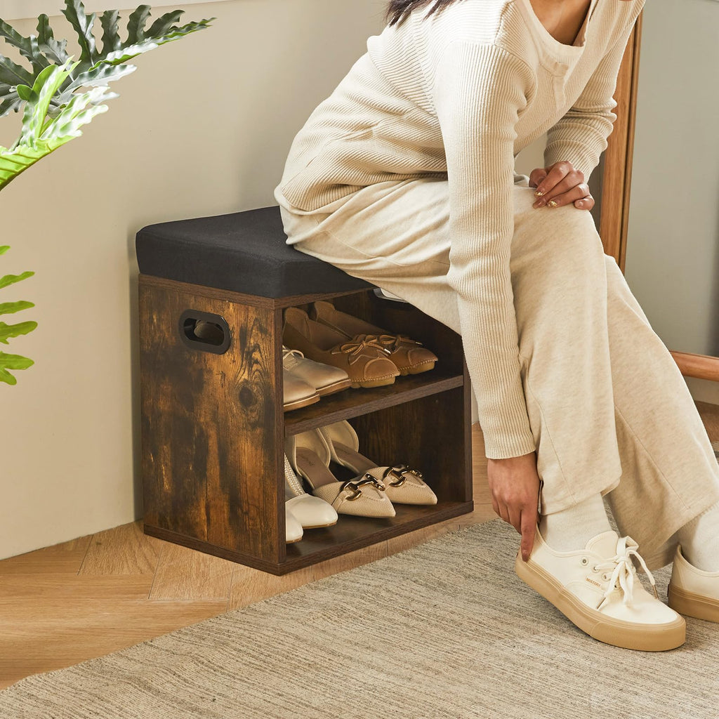 Small Shoe Storage Bench with Cushion, Rustic Brown