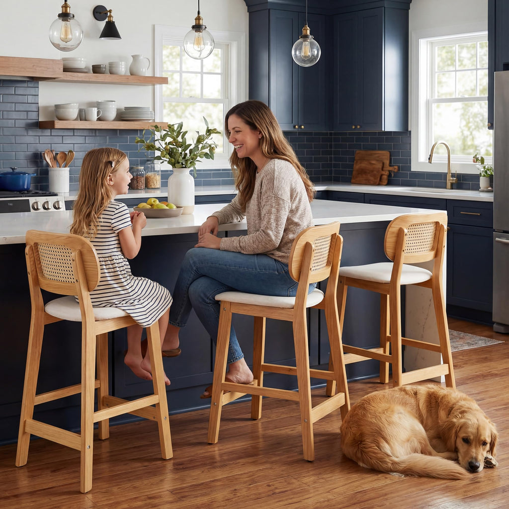 Rattan Bar Stools Set of 3, Upholstered Farmhouse Barstools with Woven Back, Boho Wood Kitchen Island Chairs, Comfy