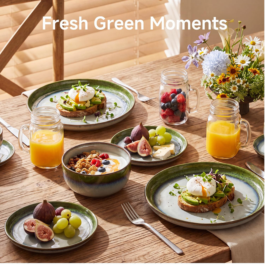Dinnerware Set for 6, Green Reactive Glaze Plates and Bowls Sets