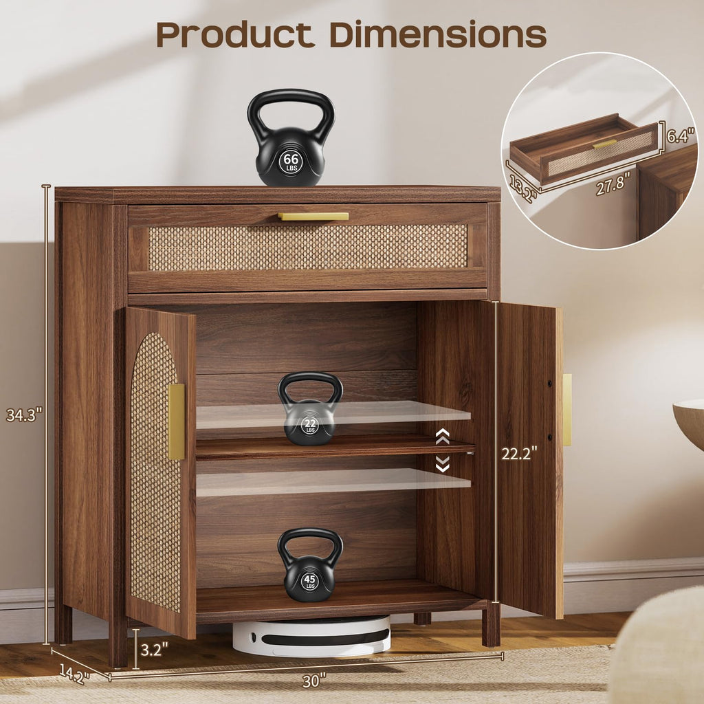 Rattan Buffet Cabinet with Storage, Sideboard with Drawers, Doors and Shelves, Accent Cabinet, Farmhouse Coffee Bar
