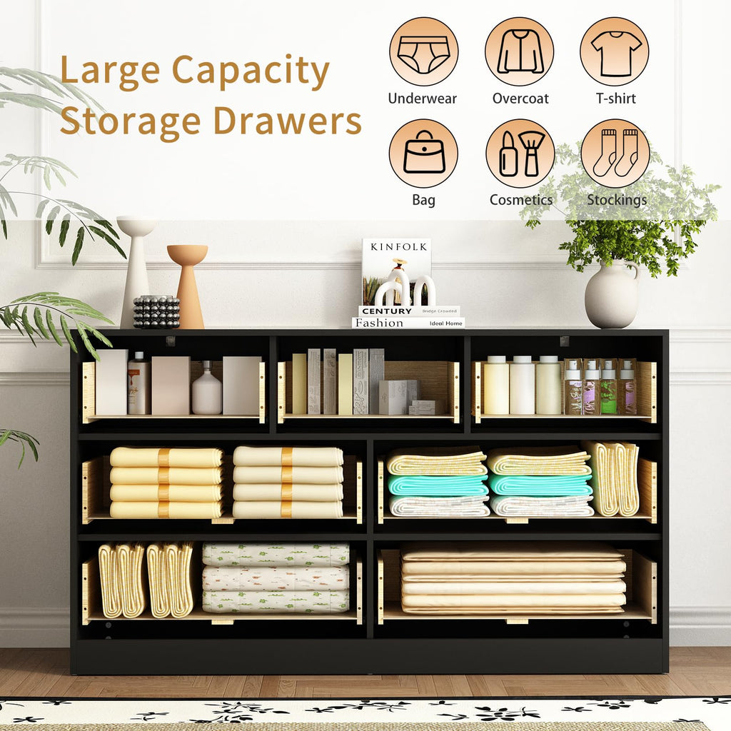 7 Drawer Fluted Dresser with Deep Drawers, Black丨55 Wide Mid Century Dresser, Modern Chest of Drawers, Wood TV Stand