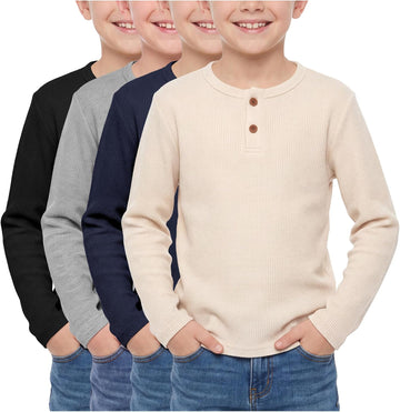 4 Pack Boys Long Sleeve Shirts Henley Neck Basic Waffle Knit Tops Tee for Kids Boys Thermal Shirt