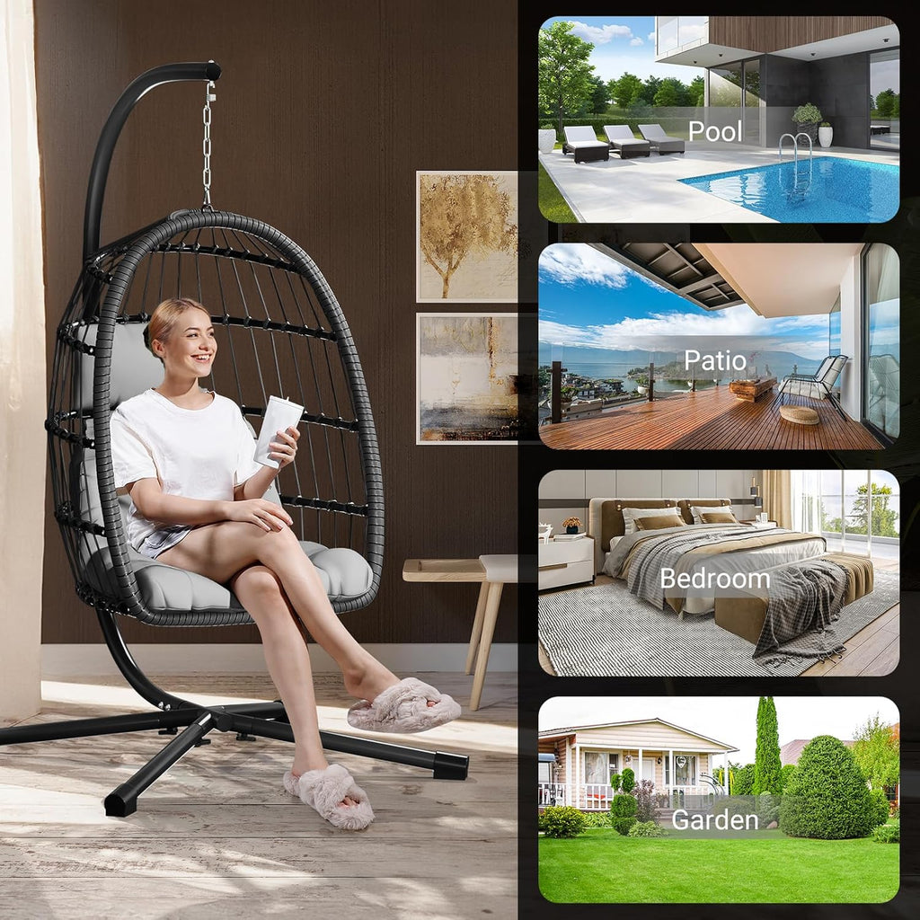 Egg Chair with Stand,Patio Rattan Wicker Hanging Hammock Chair Porch Garden,Thickened Aluminum Alloy Steel Frame and